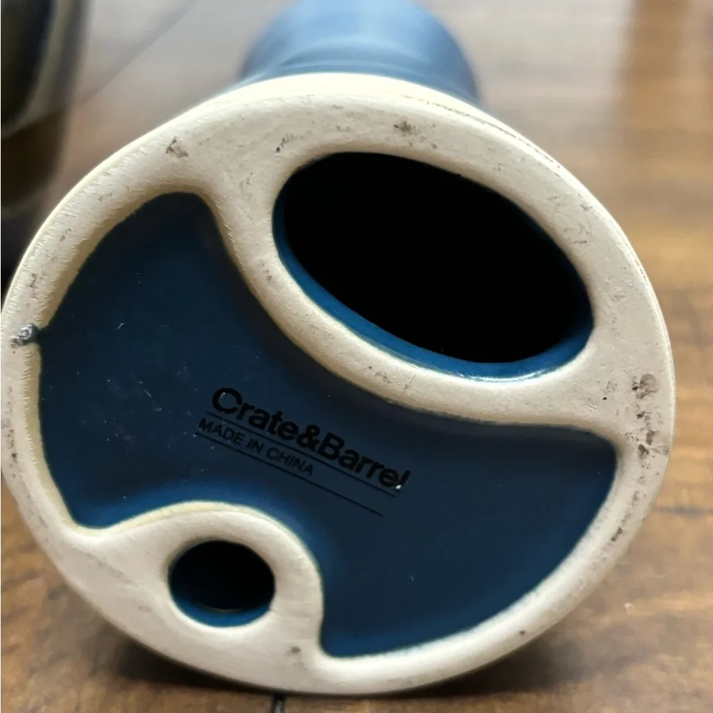 Crate&barrel blue and beige ceramic ribbed candle holder